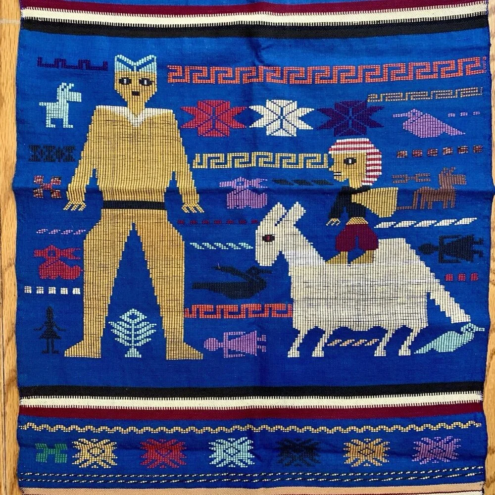 VTG Guatemalan Hand Woven Cotton Blue Textile Tapestry Llama 48